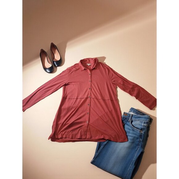 J.Jill Coral Button Front Long Sleeve Tunic Top Women’s Large Rayon Tencel - Picture 3 of 9